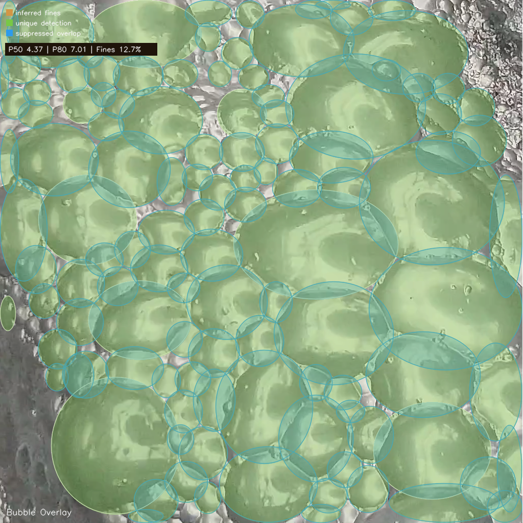 Bubble-property analysis showing inferred fines, unique detections and suppressed overlap